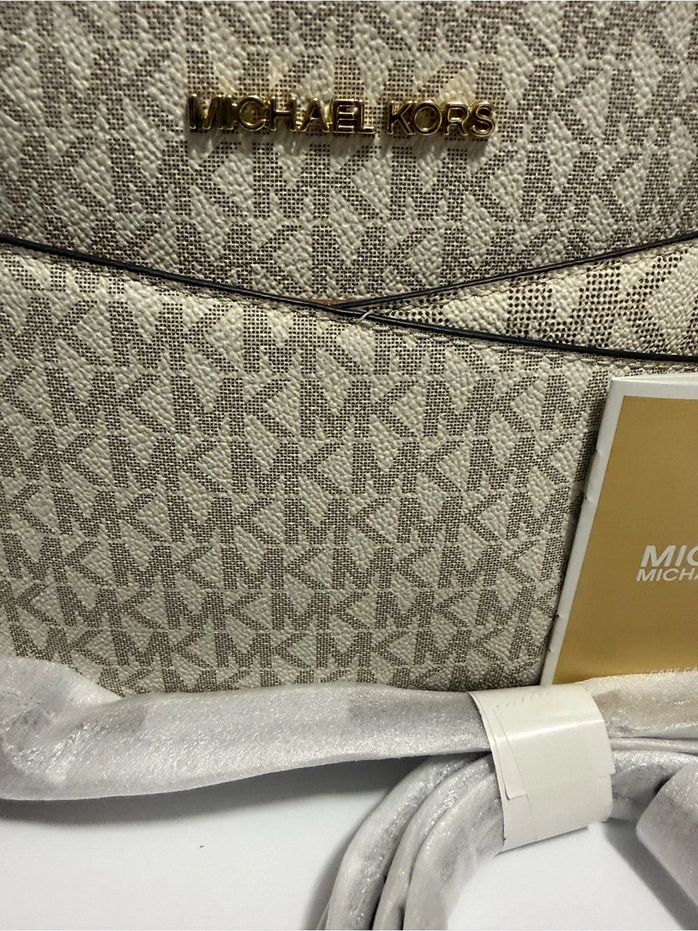 Michael Kors Beige Signature Dome Crossbody with Gold Hardware
